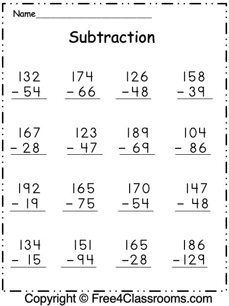 3 digits subtraction worksheets|Free Printable 3.